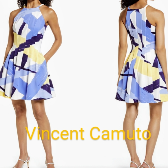 Vince Camuto, Brush Stroke Print, Pleated Fit & Flare,Halter Dress, Size 8 - Picture 2 of 14